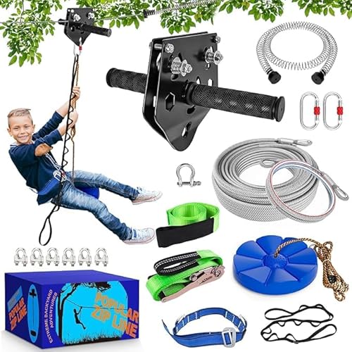 X XBEN Zip line Kit for Kids and Adults Outdoor: Up to 500Lbs - 100FT Quick Tighten Zipline for Backyard with Removable Trolley Swing Seat Spring Brake Ratchet Strap