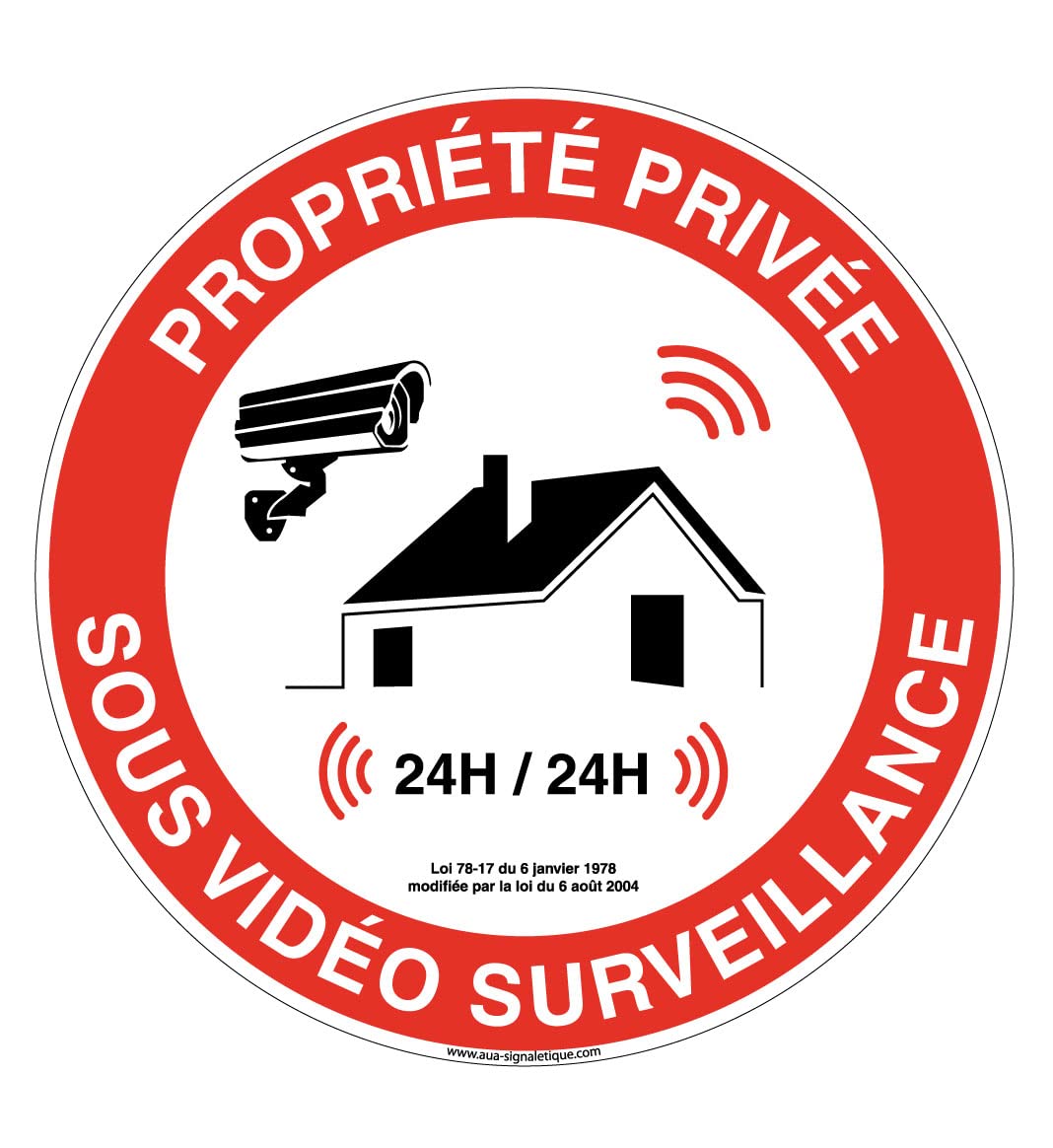 AUA SIGNALETIQUE - Panneau De Signalisation Circulaire en PVC 1.5 mm (Ø 400 mm, Propriété Privée sous Vidéo 24h/24)