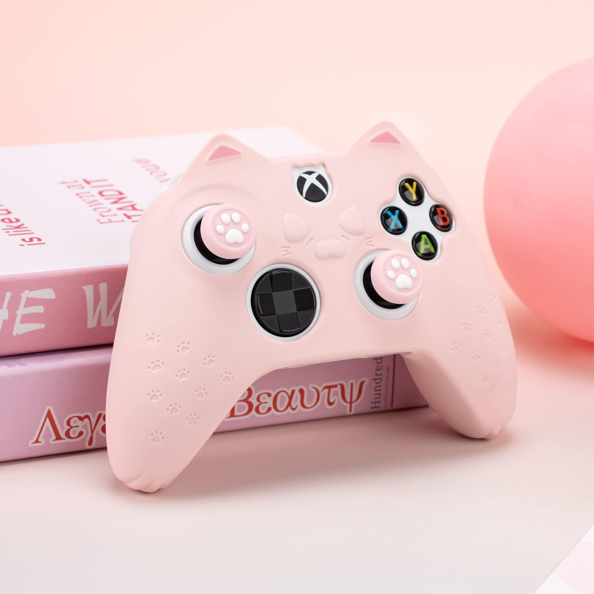 GeekShare Coque de Protection antidérapante en Silicone pour Manette Xbox One S/X avec 2 Capuchons de Prise en Main de Chat Rose