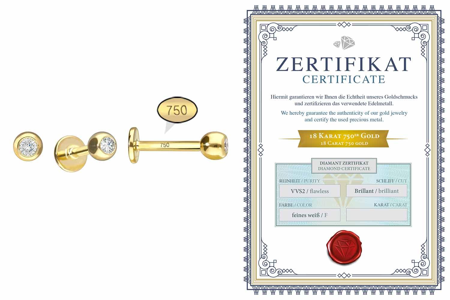 PIERCINGLINE 18 Karat Gold Labret KUGEL + DIAMANT 0,025 kt. Piercing Stecker Ohr Größenauswahl