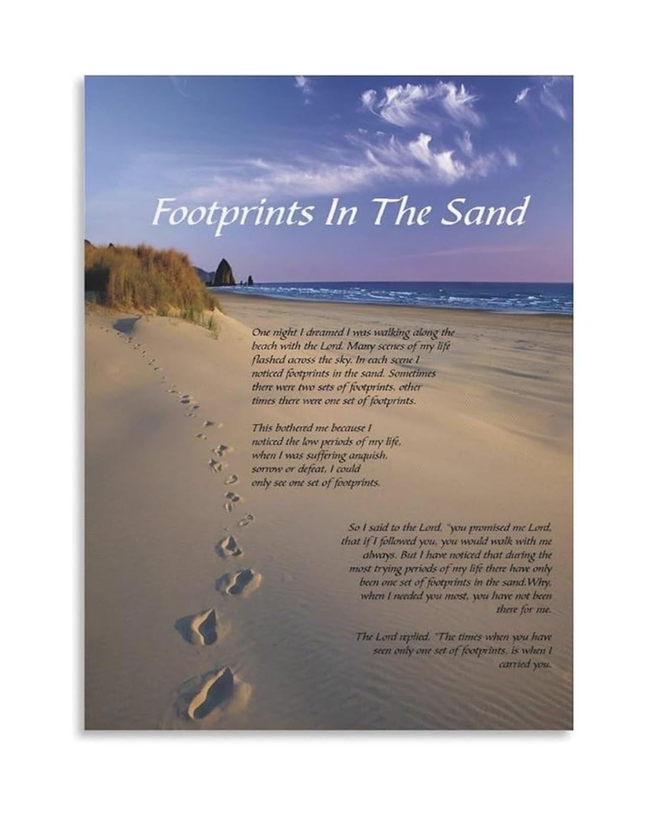 LLBOGRGGN Canvas Print Footprints in The Sand Christian Poem Motivational Quotes Wall-Art Modern Faith Decor for Bedroom Home(Framed,08x12inch(20x30cm))