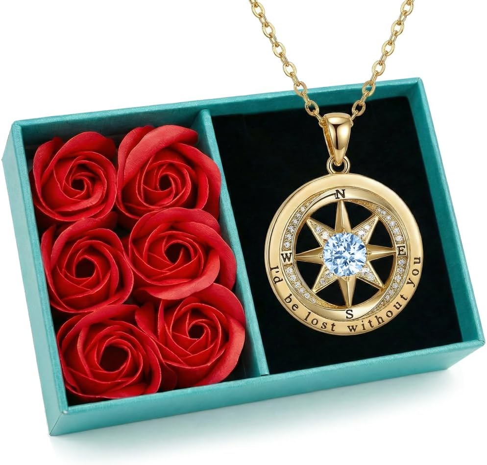 NORBU 925 Sterling Silver Compass Necklace for Women, I'd Be Lost Without You Romantic Wedding Anniversary Birthday Gifts for Wife Girlfriend, 5A Cubic Zirconia Fine Jewelry Gift Box with Rose Petals