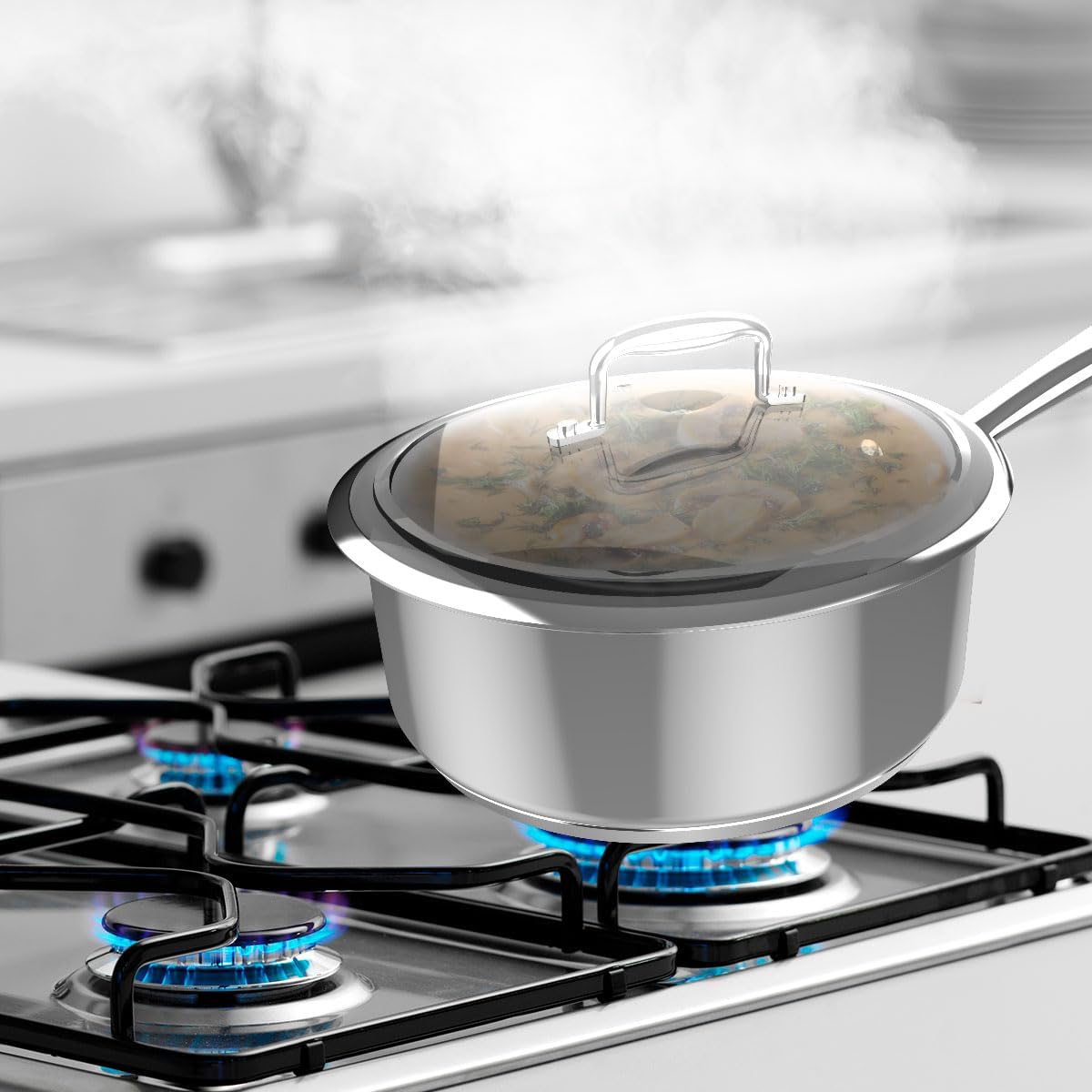 Cecotec Classy 16 Pot Steel Polka Saucepan, Diameter 16 cm, Capacity 1.3 L, Stainless Steel 18/10, Non-Stick Coating, Riveted Handle, Glass Lid, Suitable for All Kitchens