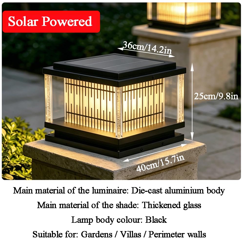 Solarna lampa ogrodowa z kolumną, czarna, kwadratowa, zewnętrzna