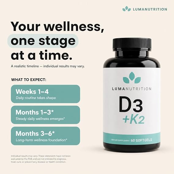 Luma Nutrition D3 + K2 Vitamin 10000 IU - Bone and Heart Health Supplement - Max Strength Immune Support and Calcium Absorption - 60 Softgels