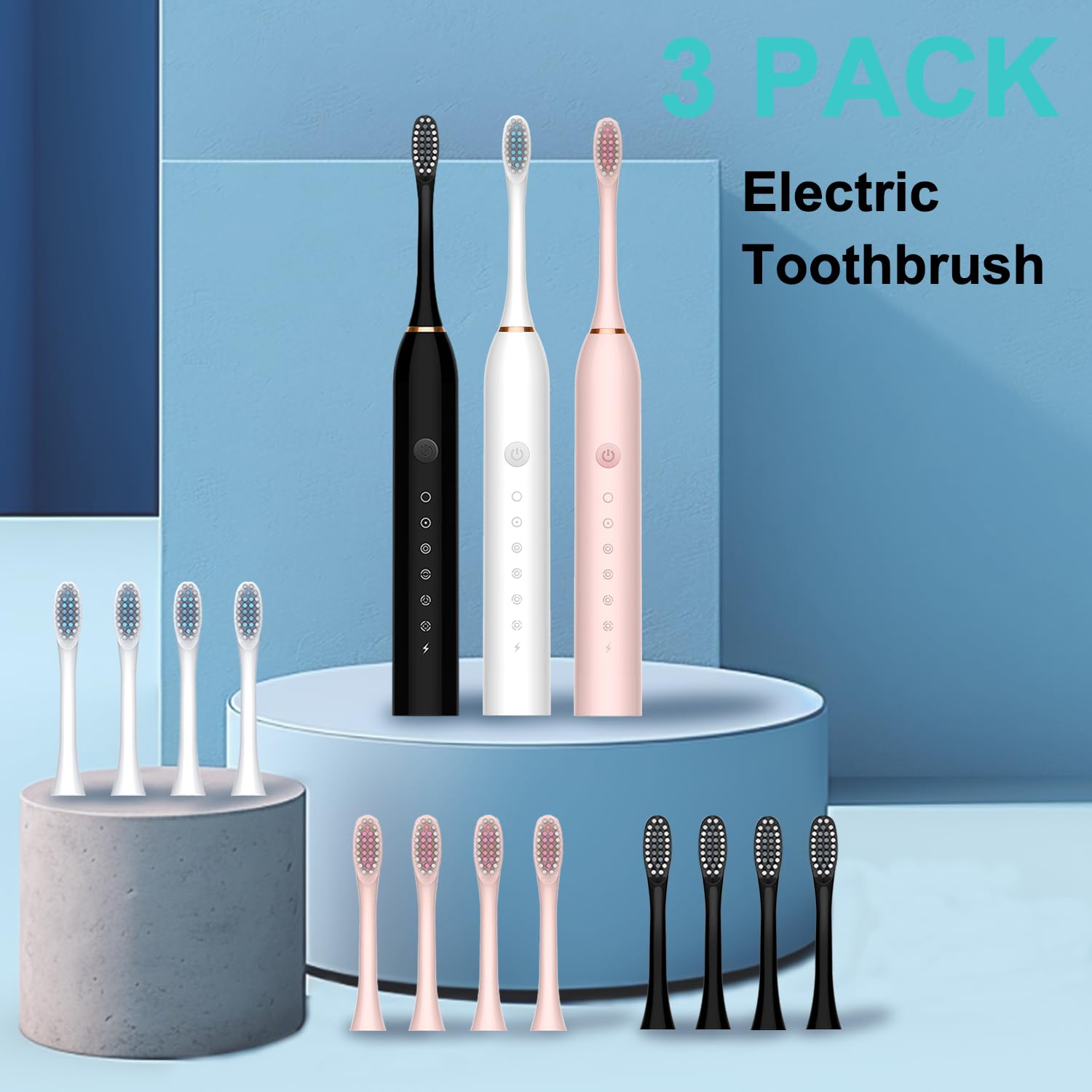 Paquete de 3 cepillos de dientes eléctricos con 6 modos, cepillos de dientes recargables con 12 cabezales de cepillo, carga rápida de 2 minutos y temporizador de 30 segundos