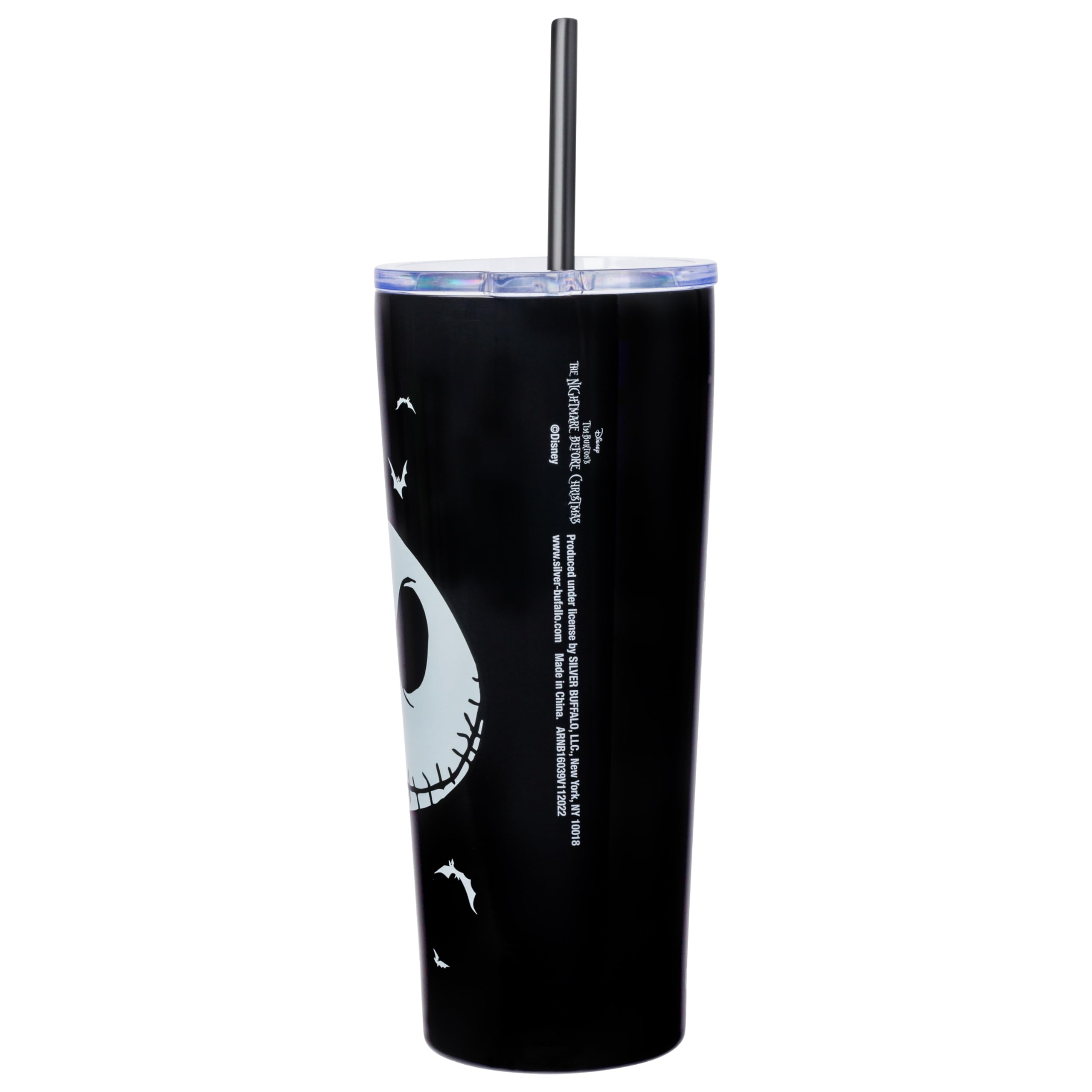 Silver Buffalo Disney Nightmare Before Christmas, Trinkglas, 625 ml | Edelstahl, Tim Burton's, Jack Skellington, Seriously Spooky, doppelwandig, inklusive Strohhalm, 0,65 Liter