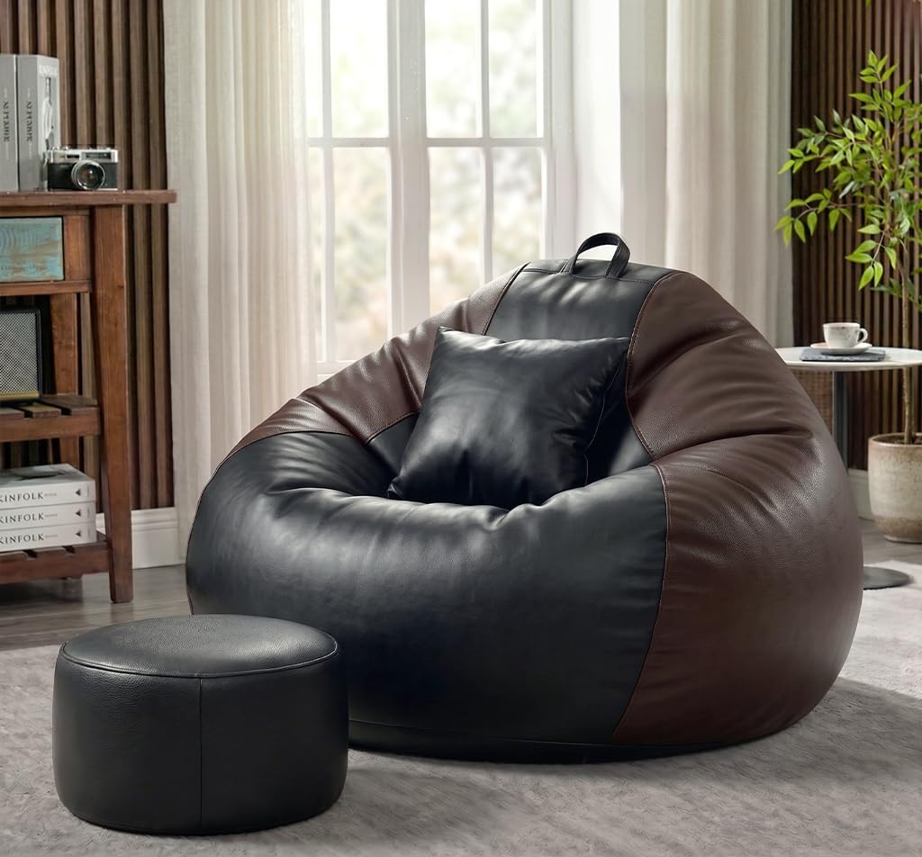 Sattva Classic 2XL Bean Bag Chair with Beans Filled | Faux Leather Sofa Style Bin Bags with Footstool & Cushion | Comfortable Beans Bag for Adults, Teens, Home & Office Seating (Black & Brown)-picture-36