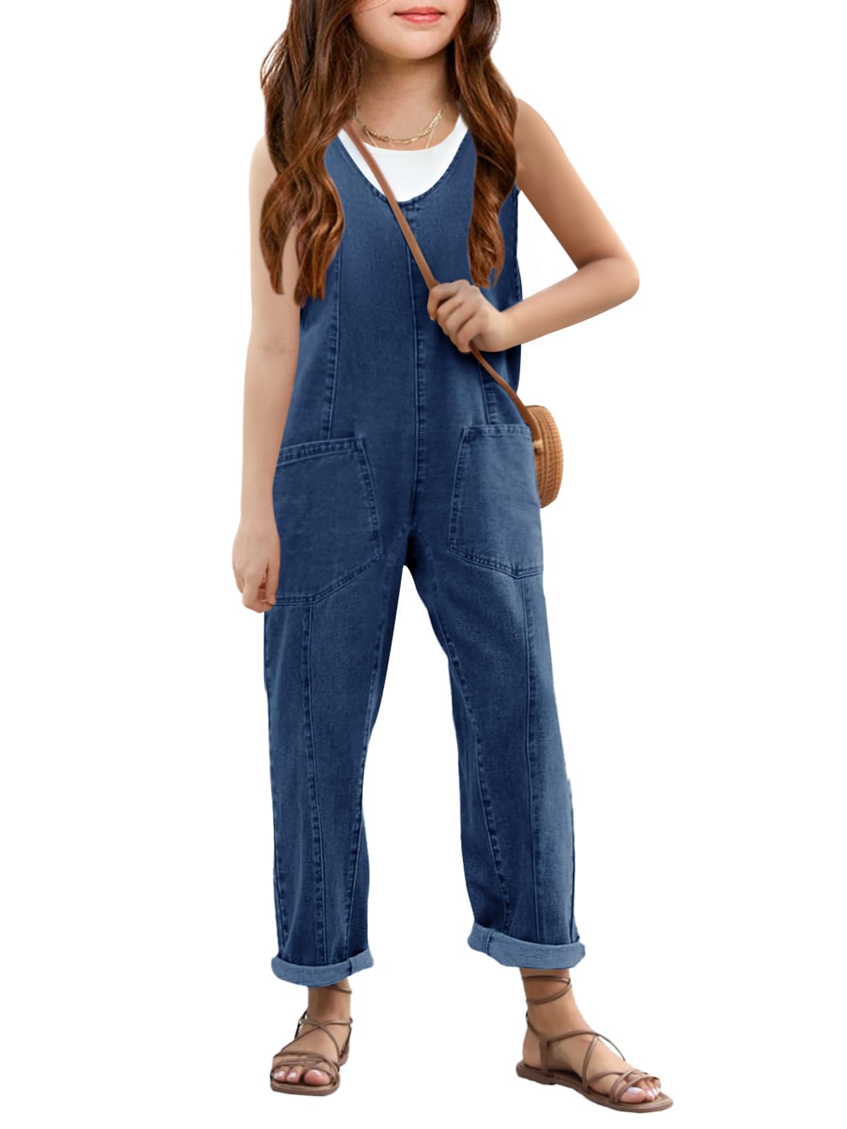 Haloumoning Tuta intera da ragazza in denim senza maniche con scollo a V spalline regolabili jeans pantaloni maglioni con tasche