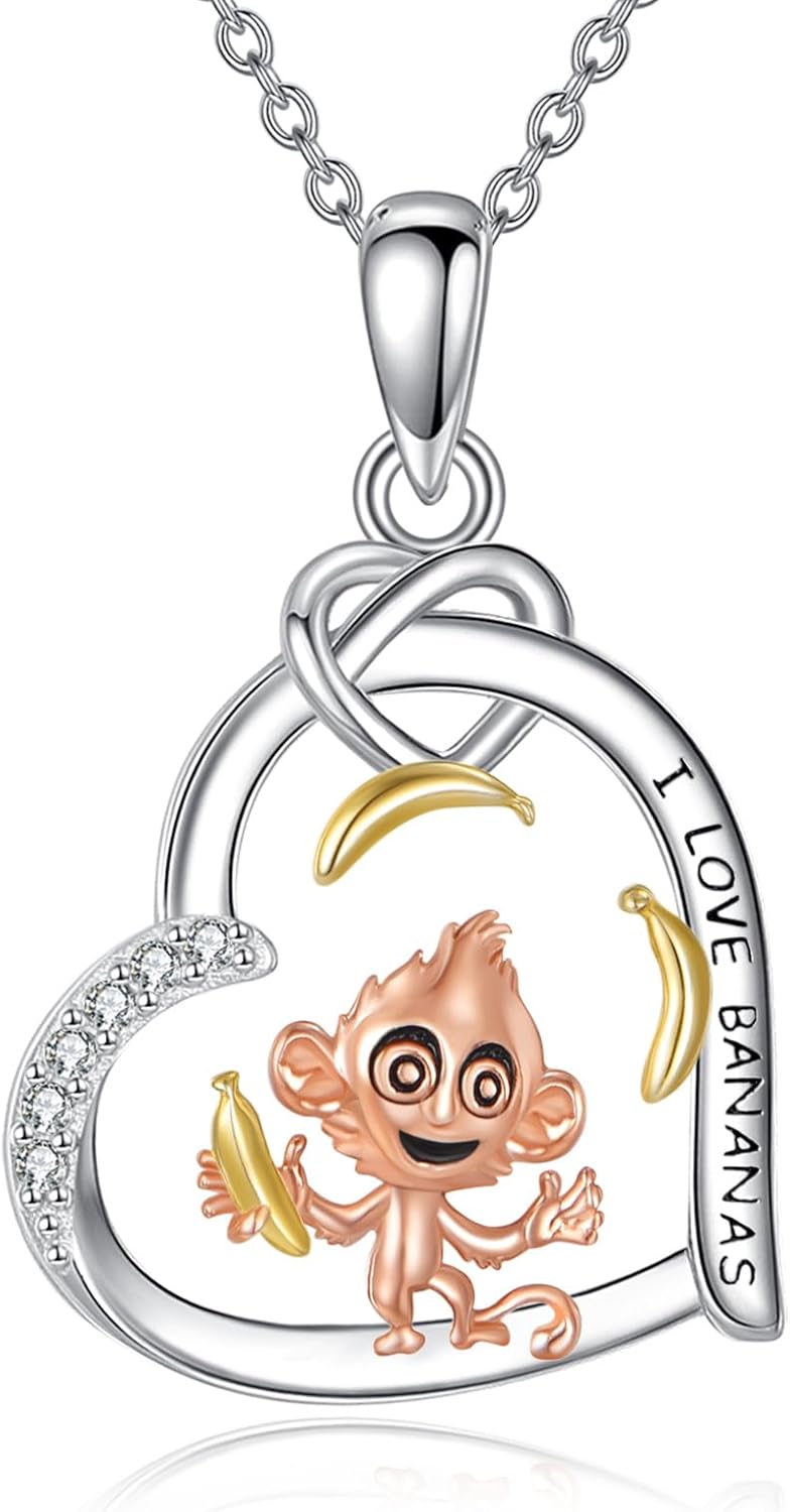 Monkey Necklace S925 Sterling Silver Heart Monkey Pendant Necklaces with Banana Monkeys Jewelry Gifts For Women Mom Wife
