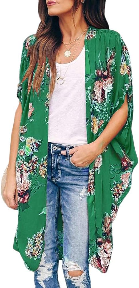 Ivay Womens Floral Kimono Duster Cardigans Short Sleeve Draped Oversized Beach Cover Up Cape