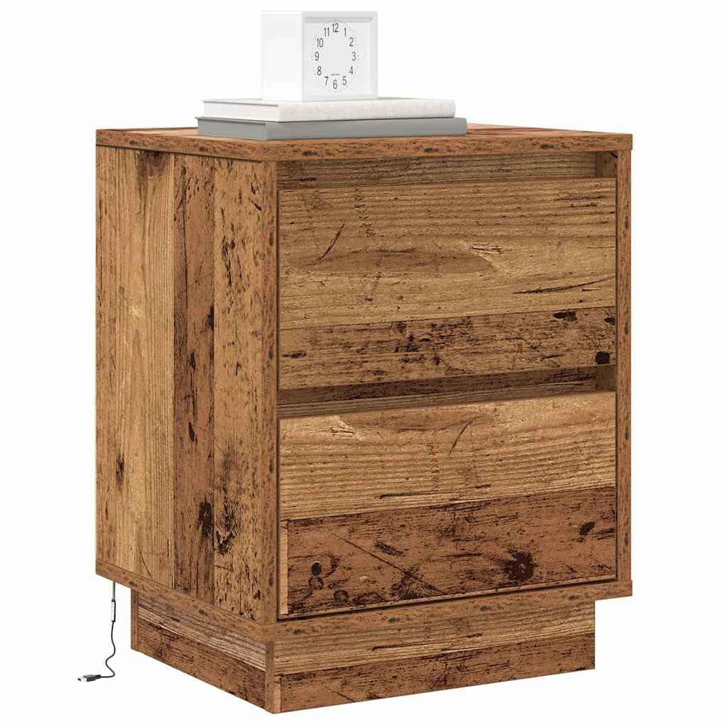 Mesita de noche con aspecto de madera envejecida, 39 x 34,5 x 50 cm, material de madera, con 2 cajones, conexión USB, iluminación LED, mesa auxiliar moderna para dormitorio, salón