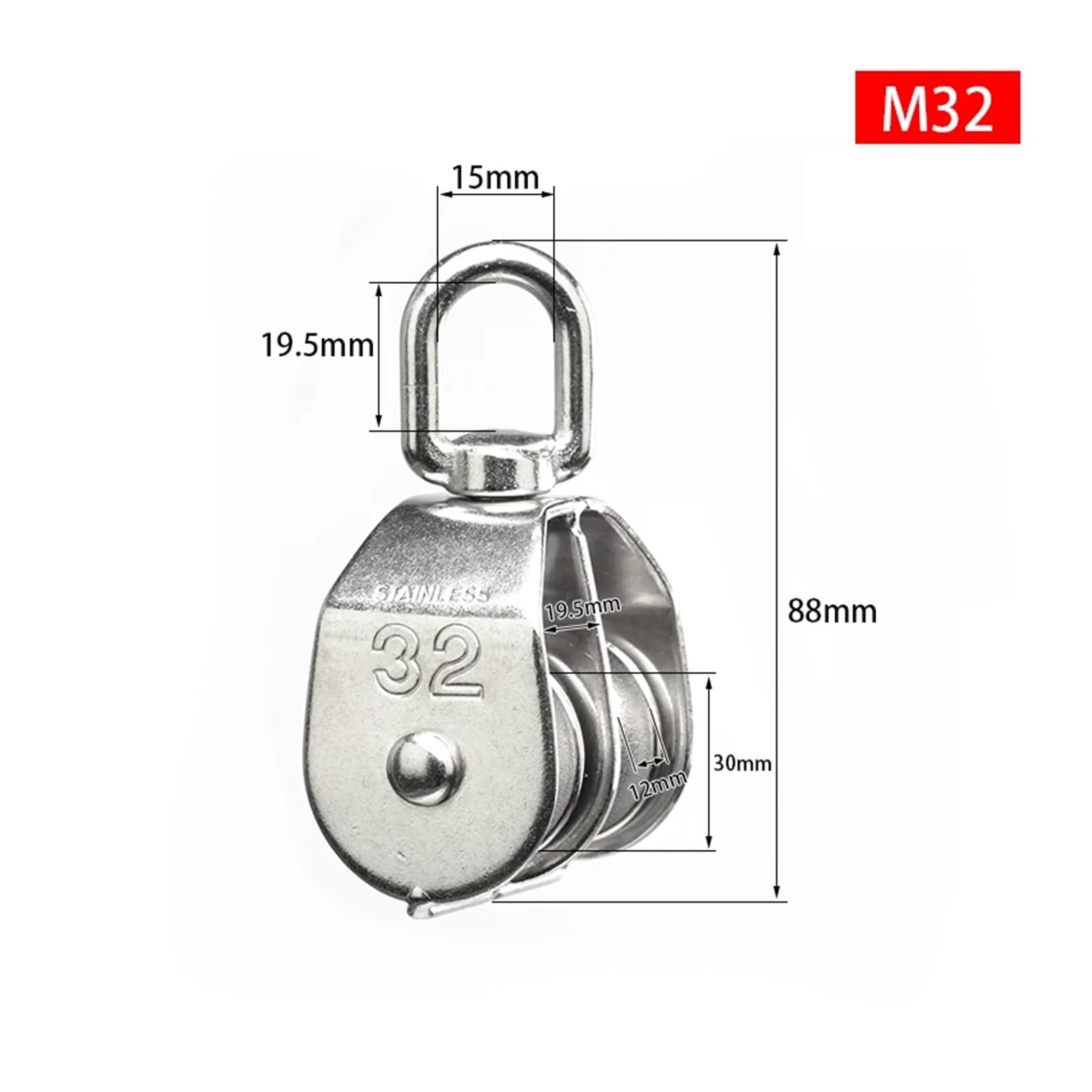Polea de elevación de acero inoxidable, herramienta de polea de cuerda de doble rueda M15/M25 de 32 mm, equipo de elevación giratorio para elevación resistente