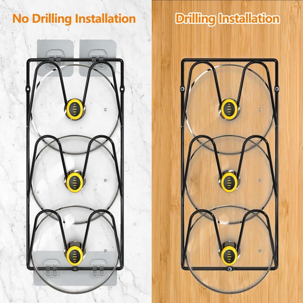 Ginobili 2-Pack Pot Lid Holders for Kitchen Cabinet - Wall-Mounted or Door-Mounted Lid Organizer Rack Black Pot Lid Holder - Image 4