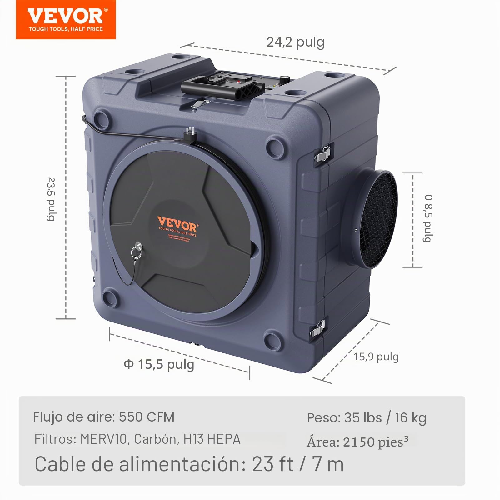 VEVOR Purificador de Aire con Filtración 3 Etapas Máquina de Aire Negativo Apilable de 550 CFM Filtro de Aire con MERV10 Carbón H13 HEPA Filtración de Aire para Uso Doméstico Industrial, Comercial