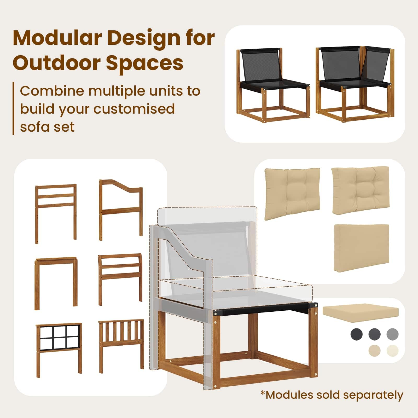 vidaXL Unidades de Sofá Modular de Exterior 3 Pieza Natural y Beige, Muebles de balcón de Madera de Acacia, Set Lounge Moderno y Duradero, Ideal para jardín, Resistente al Clima, ¡con Estilo