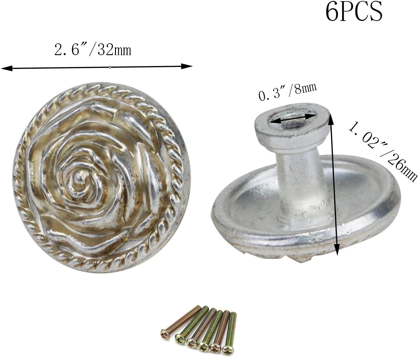 6 Pcs 1.26 Inch Silver Euro Rose Decorative Cabinet Knobs Round Grain Dresser Knob Rose Carved Cupboard Wardrobe Knob Zinc Alloy Flower Drawer Knob