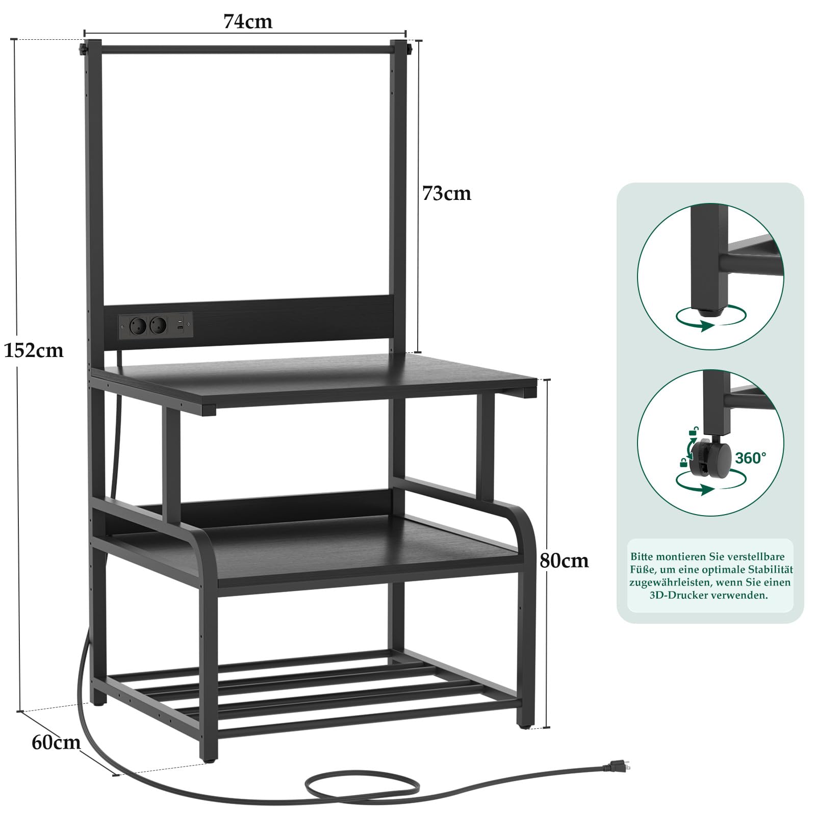 Homieasy 3D-Druckertisch, 74x58 cm,3D Drucker Stand mit Ladestation & Filament-Aufbewahrung, rollbar, für Werkstatt/Büro (Schwarz)