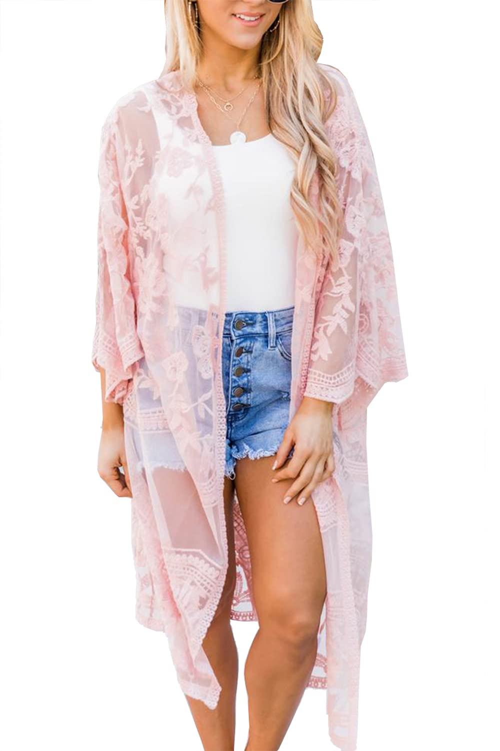 L-Peach Vestido Floral Encaje de Playa Kimono Sarong Pareo Cover ups para Mujer