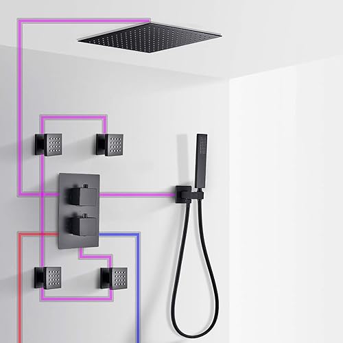 Miniatura 8 de Matte Black Thermostatic Rain Mixer Shower Combo Set Ceiling Mounted Bathroom Shower Faucet Set with Shower Head, Handheld Shower, Body Jets,8 Inches