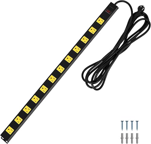 SURAIELEC Tira de alimentación de metal larga de 12 tomas, protector de sobretensiones de cable de 15 pies, enchufe plano en ángulo, barra de
