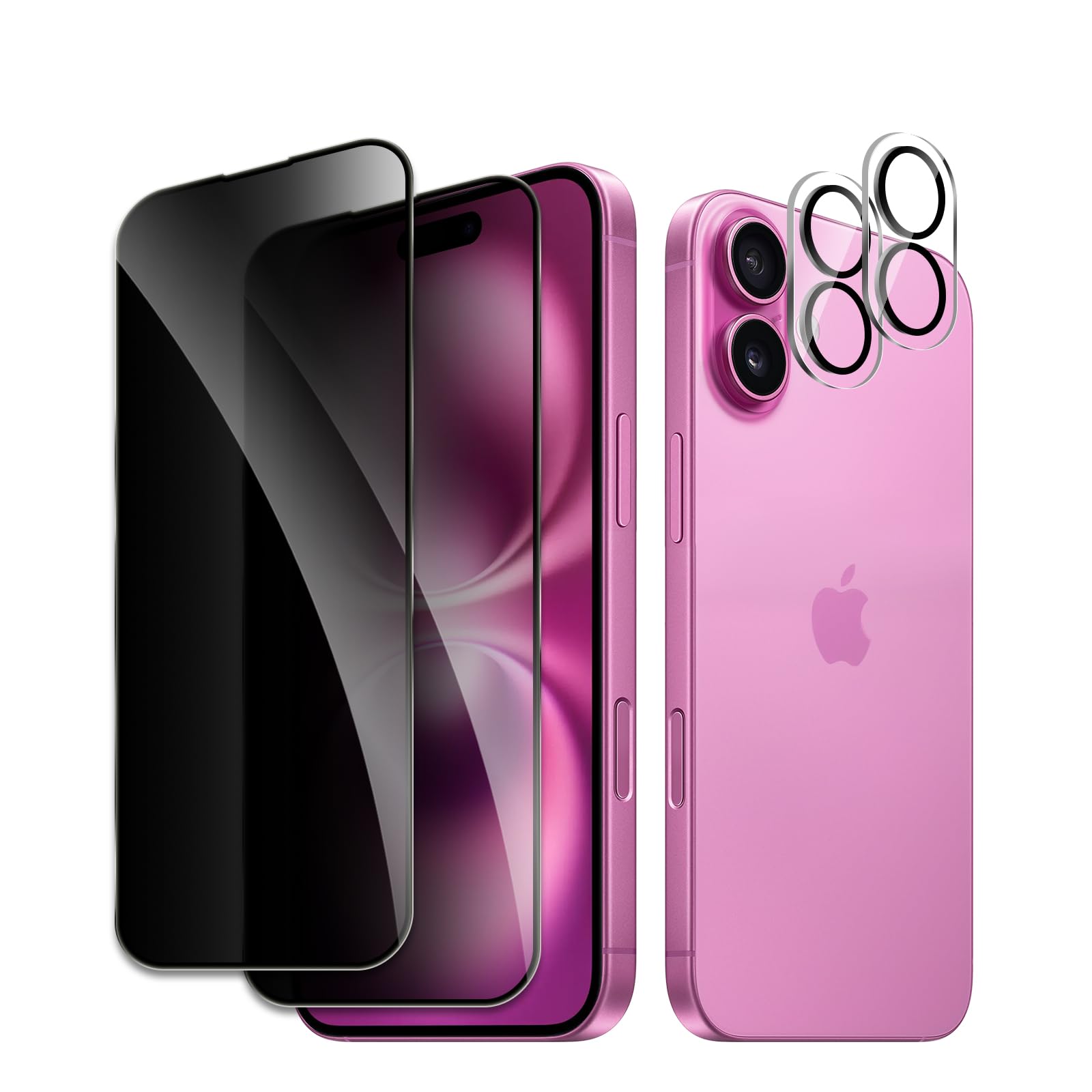 [Confezione da 2 + 2] Pellicola protettiva per la privacy per iPhone 16 Plus, in vetro temperato infrangibile, anti-spia, con obiettivo della fotocamera, durezza 9H, senza bolle, antiriflesso