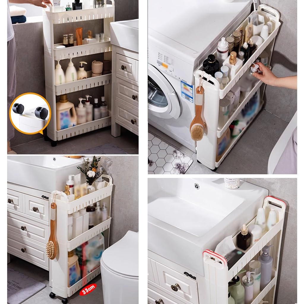 Badkamerorganisator Keukenopslagplank 3-laags Slanke Rollende Opbergwagen Vloer Kleine Kast, Wasruimte-organisatie Smalle Plank Zijopslagkast For Kleine Ruimte(9cm