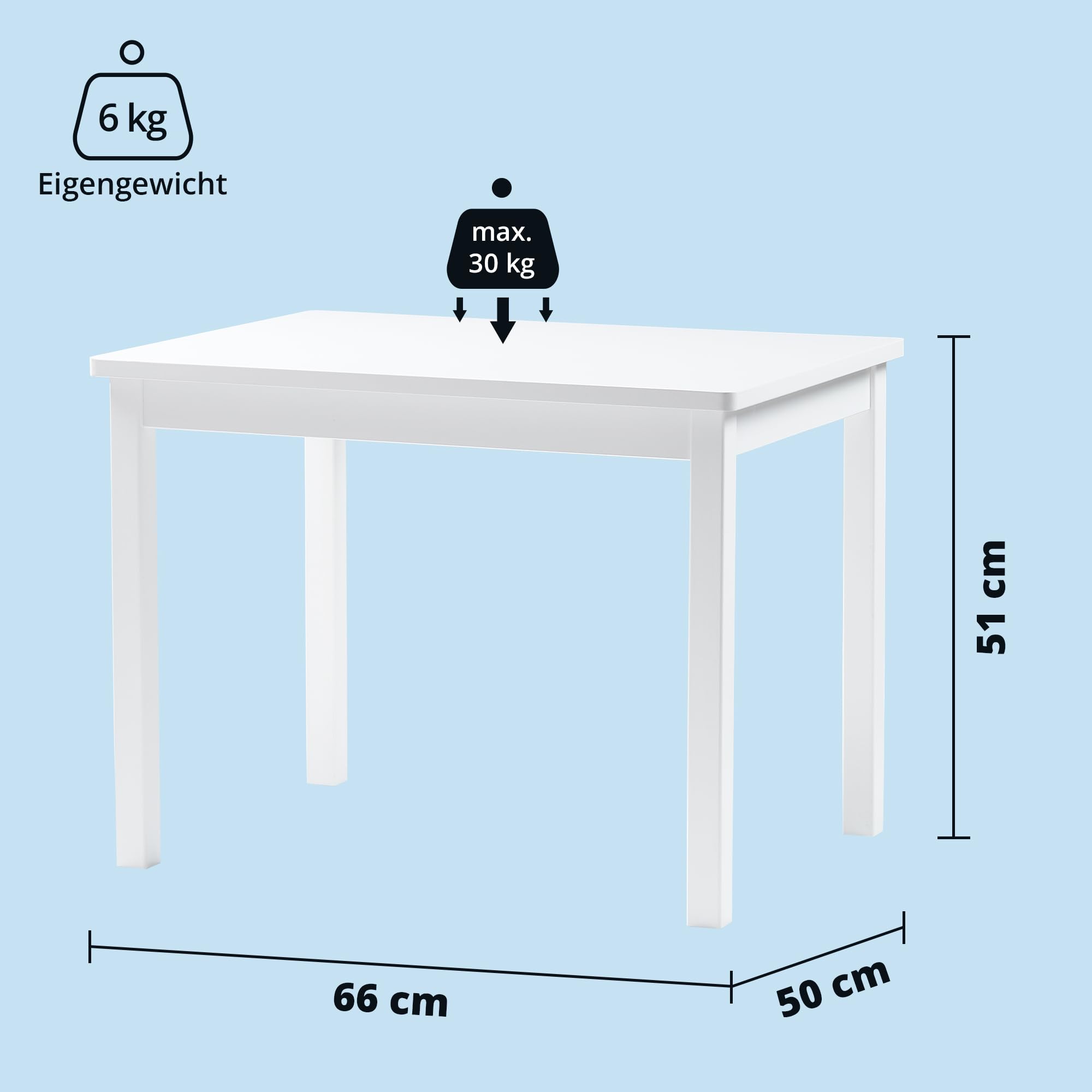 KHG Kindertisch Massivholz lackiert weiß Landhaus für Kinderzimmer, 4-Fußgestell, Pflegeleichte Oberfläche, robust, kindgerechte Höhe 66 x 51 x 50 cm