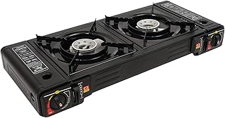 Hornillo de camping de 2 fuegos con plancha y maletín, 5000 W (2 x 2,5 kW) cocina de gas portátil, doble combustible butano y GLP, encendido piezoeléctrico, estufa de camping para cartuchos de gas MSF
