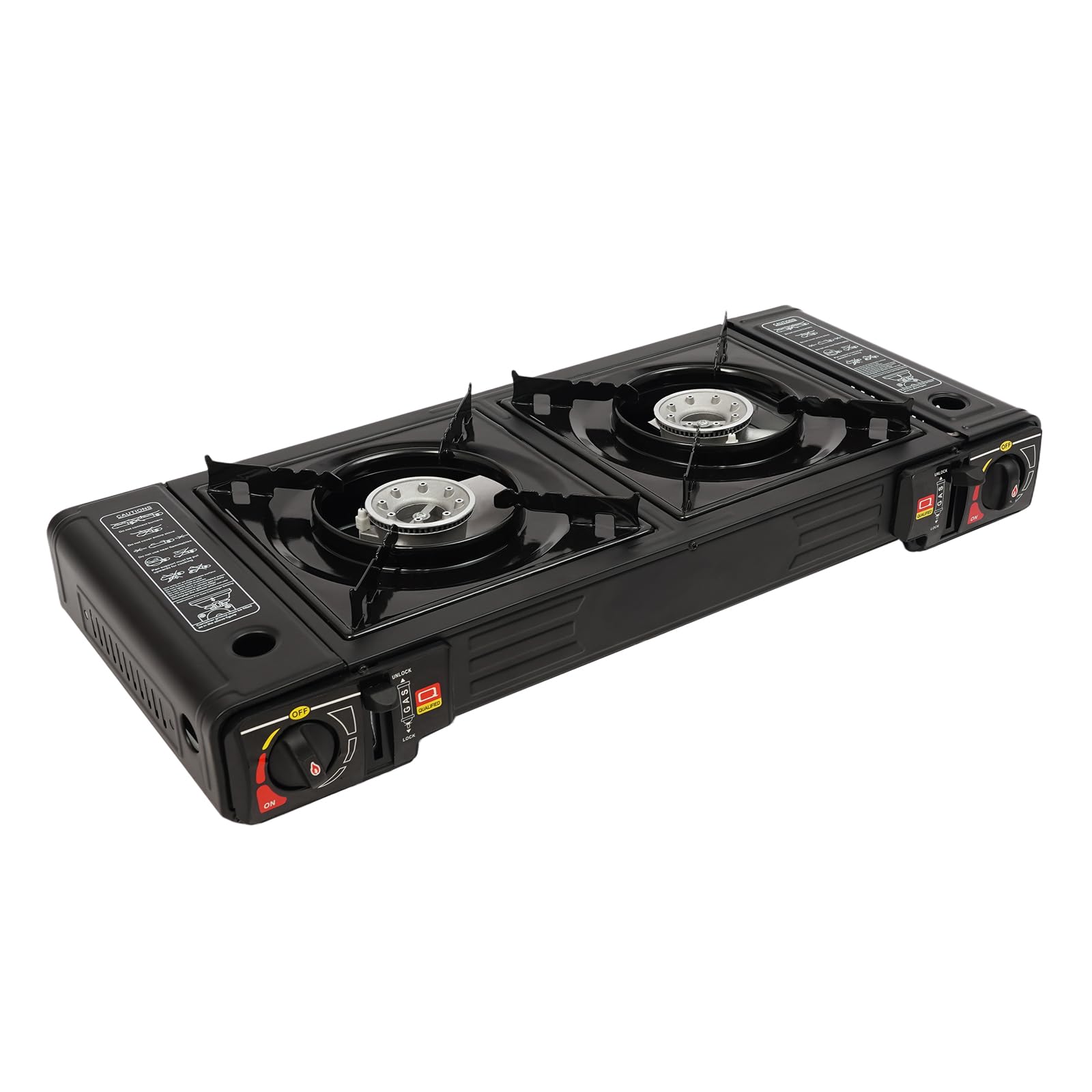 Fornello da campeggio a due fuochi, 2500 W, 2 manopole indipendenti, valvola di sovrappressione di sicurezza integrata, fornello a gas, consumo di gas 100 g/h, per cucinare all'aperto, picnic