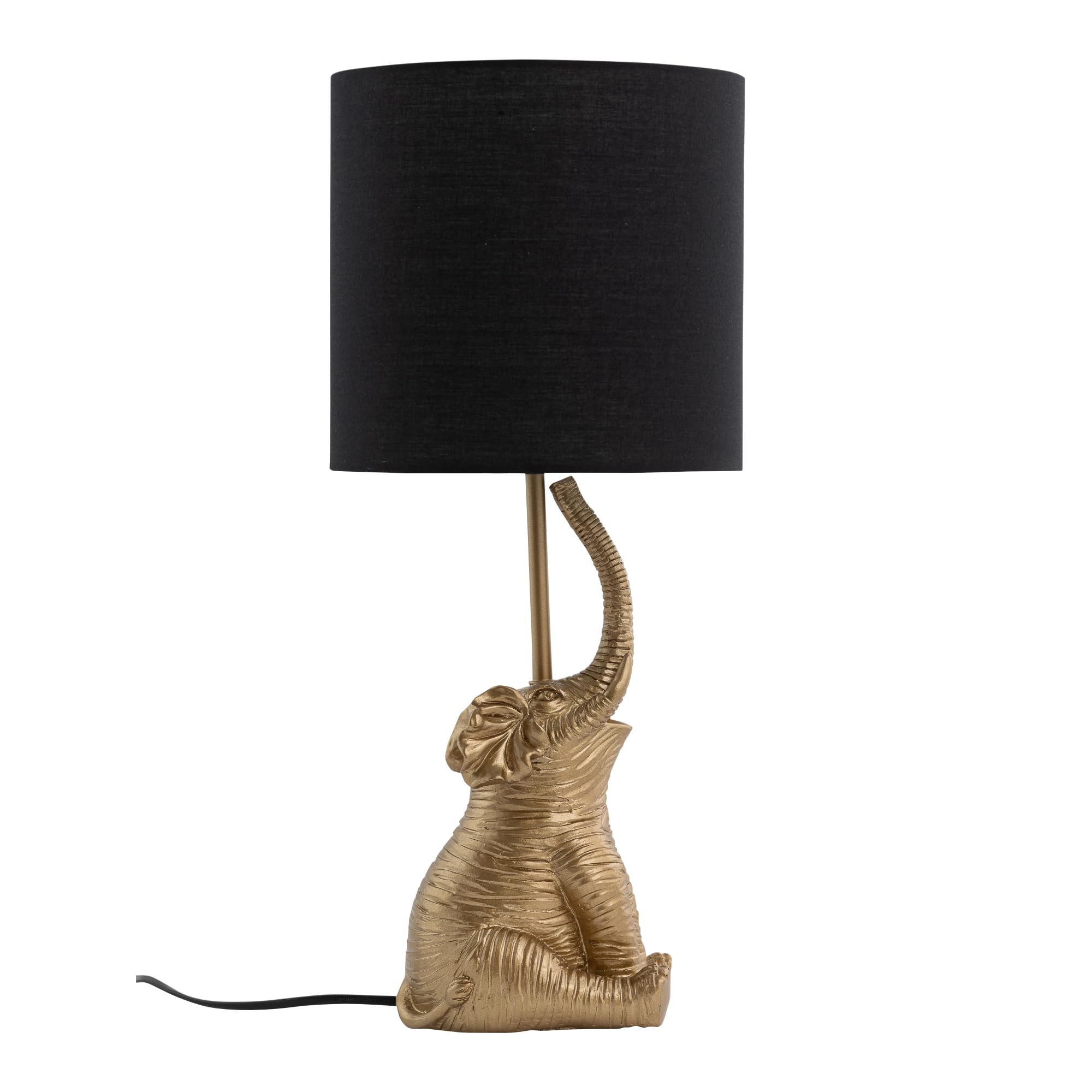 firstchoicelighting Gold Elephant Table Lamp or Bedside Light with Black Fabric Shade, Resin Animal, Height 46 cm, LED Compatible
