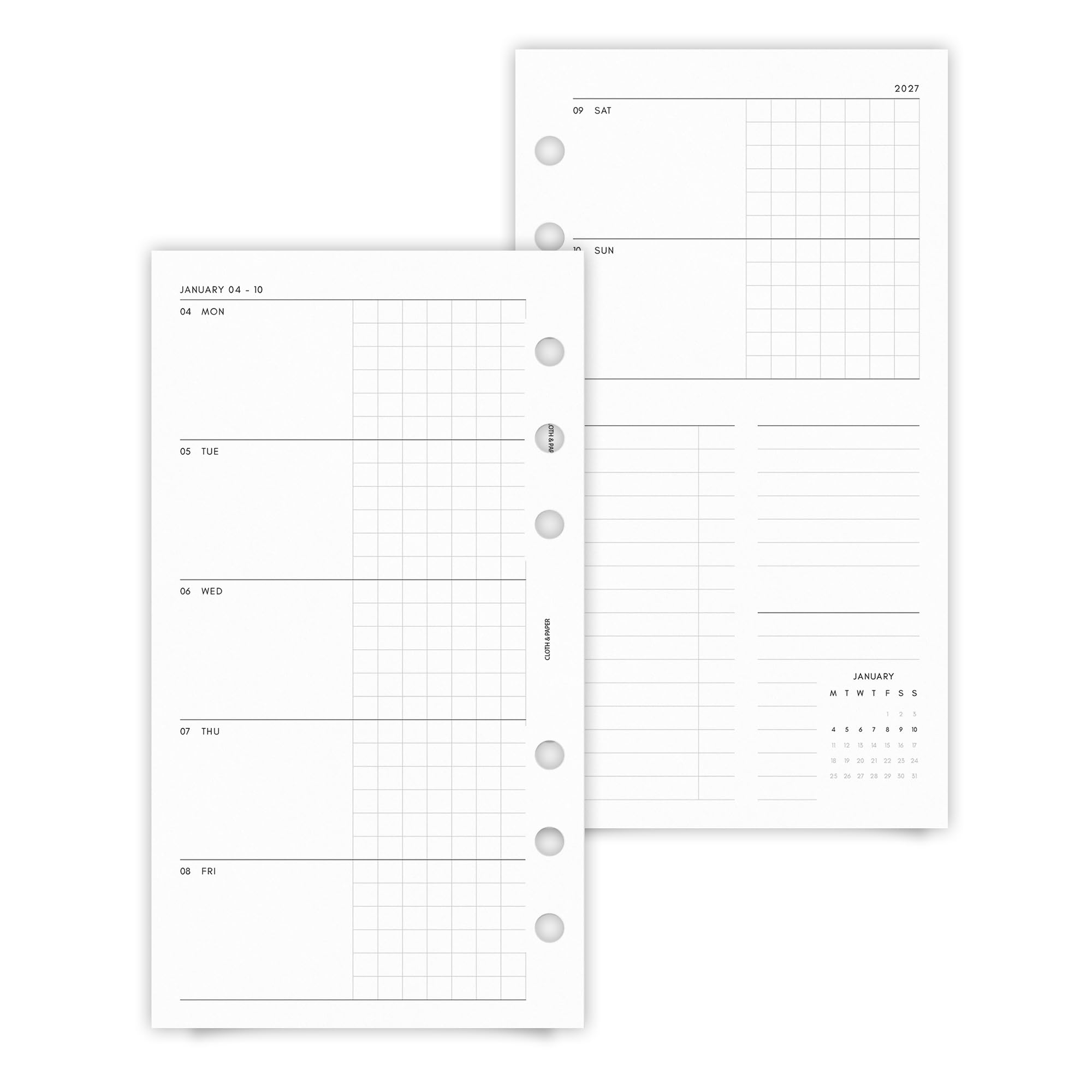 Cloth & Paper Inserti per agenda settimanale 2027 orizzontale, inizio lunedì, ricariche per planner personale, layout settimanale su 2 pagine con sezioni grafiche, anno a colpo d'occhio, pagine per