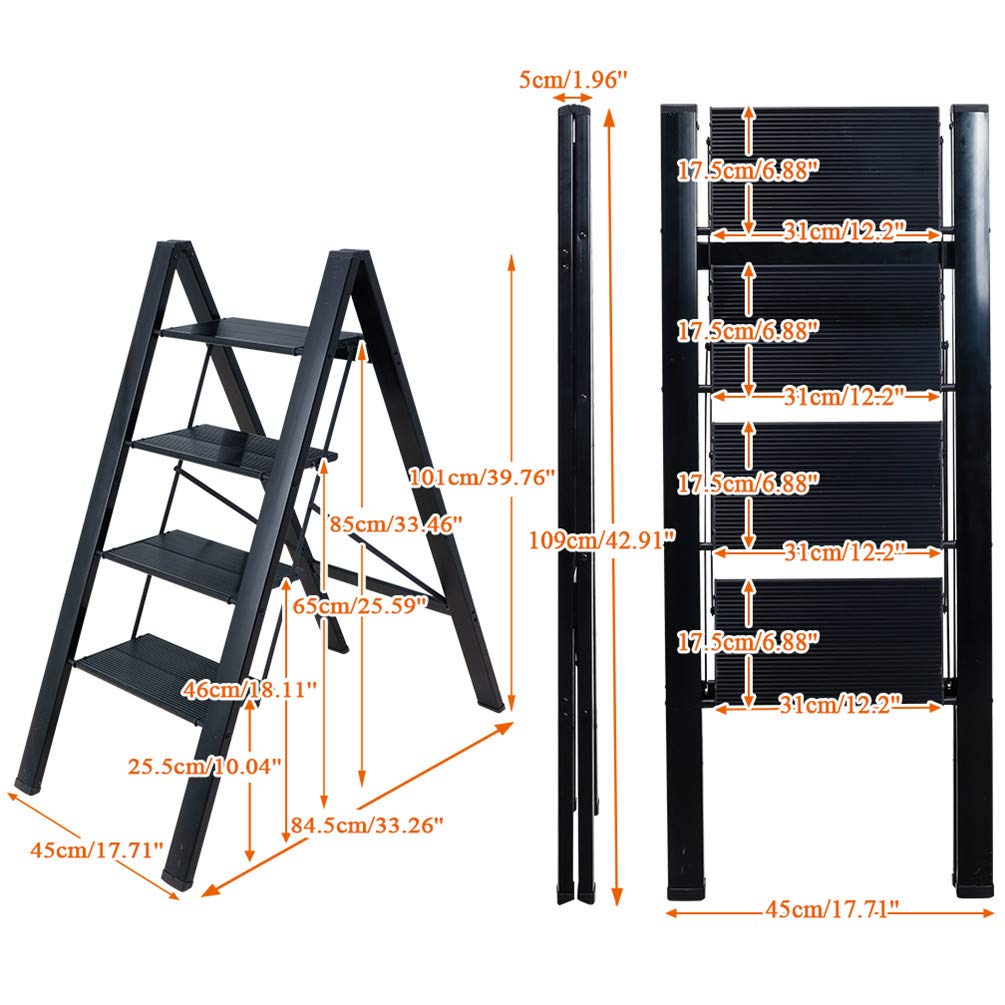 BAOYOUNI Scaletta Pieghevole in Alluminio 4 Gradini Sgabello Leggera Resistente con Pedale Antiscivolo Scala per uso Domestico, Ufficio, Garage, Giardino, Pittura, può Portare Fino a 135 kg, Nero