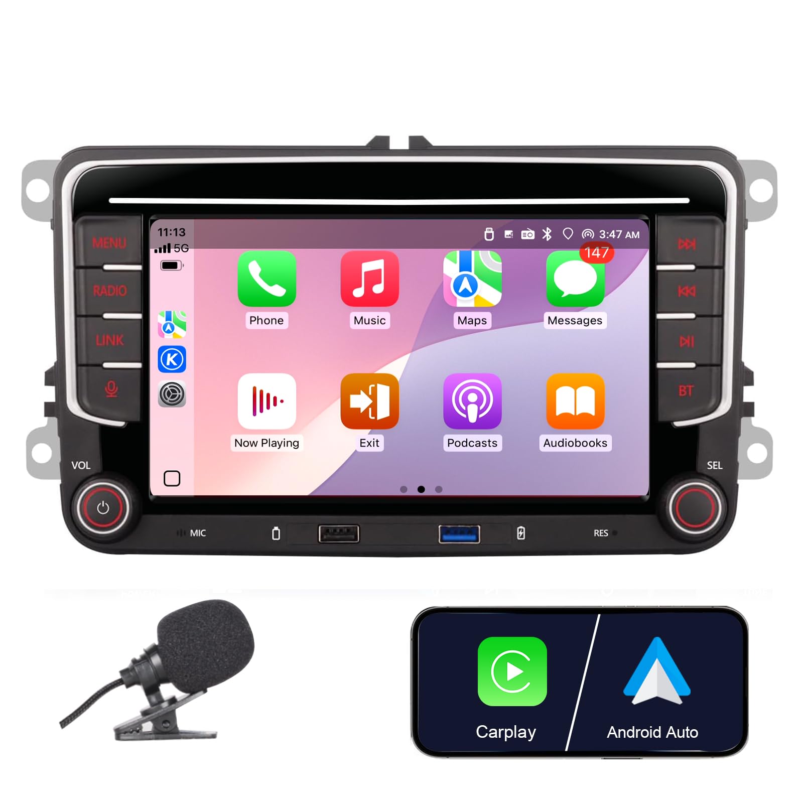 Schermo touch IPS 7 pollici Autoradio per Volkswagen, Seat, Skoda, CarPlay wireless & Android Auto, DSP equalizzatore 16 bande, Bluetooth 5.0, radio FM, compatibile con telecamera retromarcia