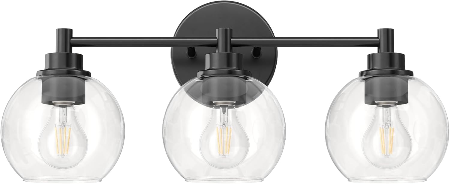 VONLUCE Bathroom Light Fixtures, 3-Light Vanity Light with Globe Glass Shades E26 Sockets, Bathroom Lights Over Mirror for Bedroom Hallway Living Room, Black Finish Black 3-Light