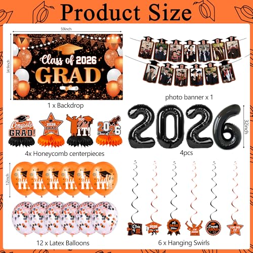 Image of Holkcog 2026 Graduation Decorations, Orange Themed Class of 2026 Congrats Graduation Banner Backdrop, Balloons, Paper Pompoms for Graduation Party Decorations, Outdoor Indoor Grad Party Decor Supplies