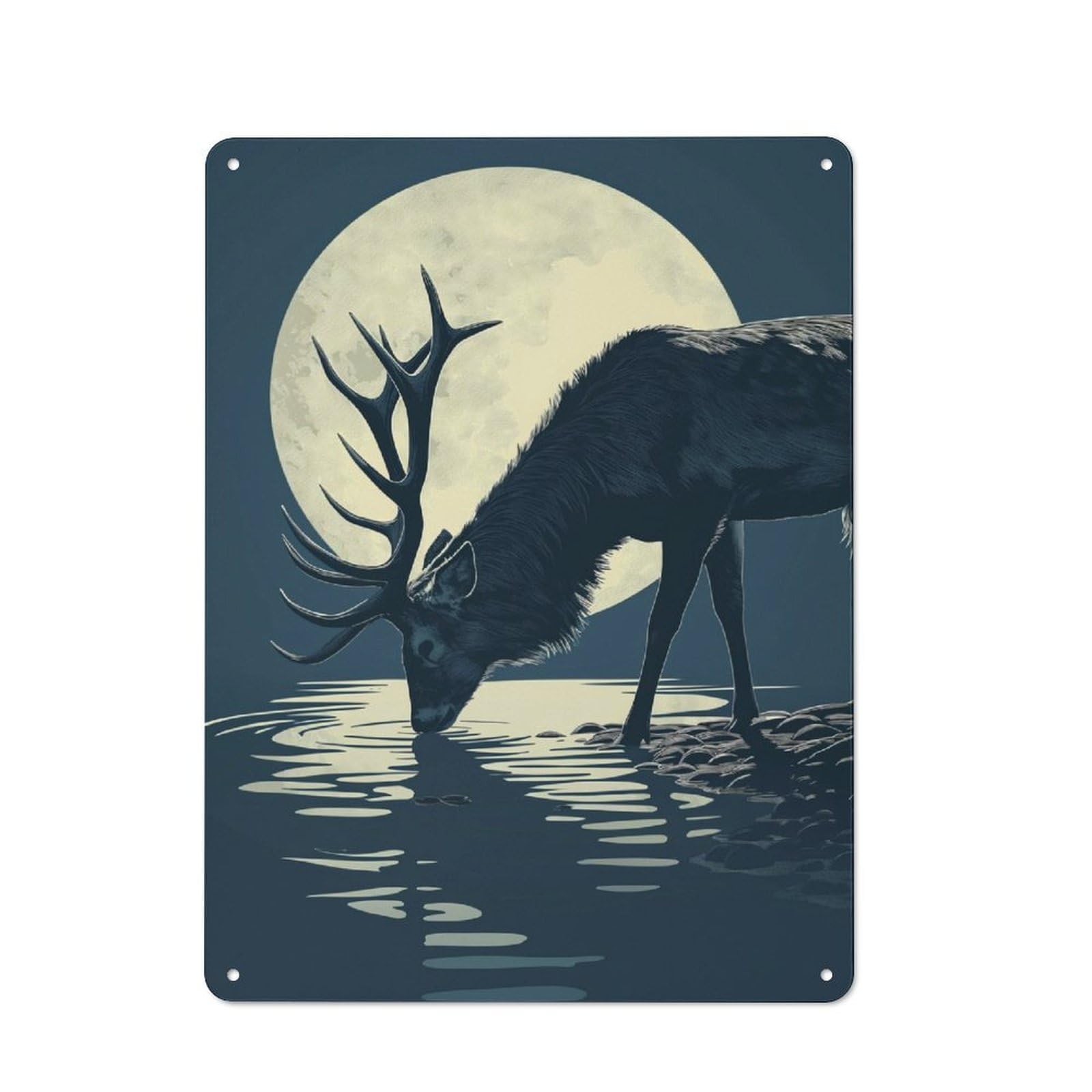 Junmoney Deer Drink Water Moonlight Vintage Metal Plaque 40X30cm For Café Or Restaurant, A Decorative Gift For A Newly Furnished Café And Restaurant