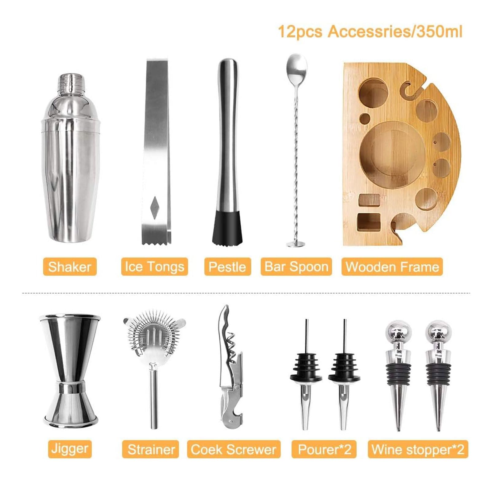 Ensemble de Shaker à Cocktail pour Barman 12 pièces, kit de Barman en Acier Inoxydable avec Base rotative en Bambou, Outils de Barre, Accessoires pour Le mélange de Boissons