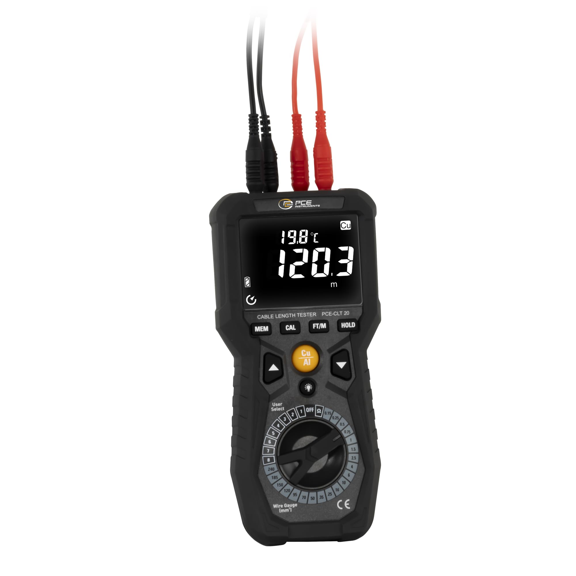 Detector de cables de cobre y aluminio PCE-CLT 20/8 posiciones de memoria personalizables para cables individuales/Medición de resistencia/Desconexión automática/Brillo de pantalla ajustable