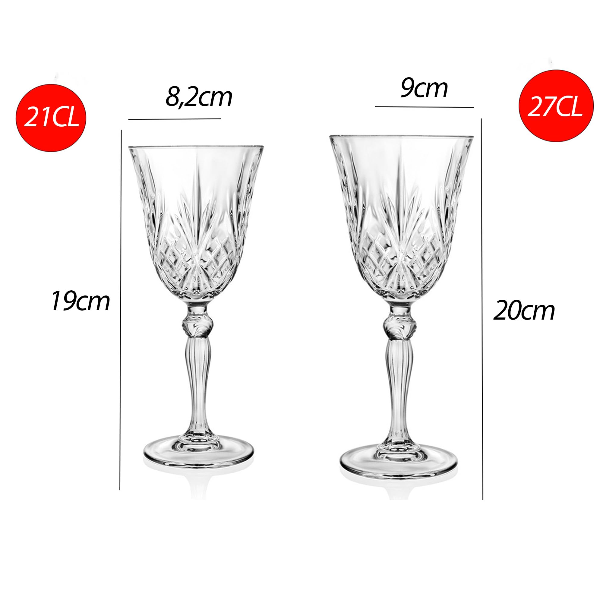 Sicignano | Juego de 12 copas Melodía de cristal – 6 copas de vino CL.27 + 6 copas de agua CL.21, brillantes, resistentes y lavables en lavavajillas, diseño elegante y sostenible