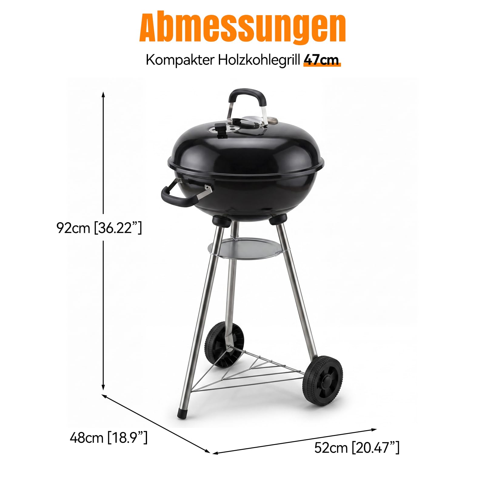Aoxun Holzkohlegrill, 47 cm Kugelgrill mit Thermometer und regulierbarer Luftzufuhr, kratzfeste, emaillierte Grillschale, Ascheauffangbehälter, Rollen und Ablage, für Garten, und Outdoor, schwarz