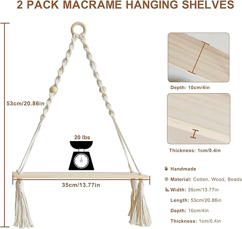 Miniatura 8 de Artilady Estante colgante de pared de macramé, paquete de 2 estantes de madera, decoración bohemia con borlas y cuentas de madera, estantes
