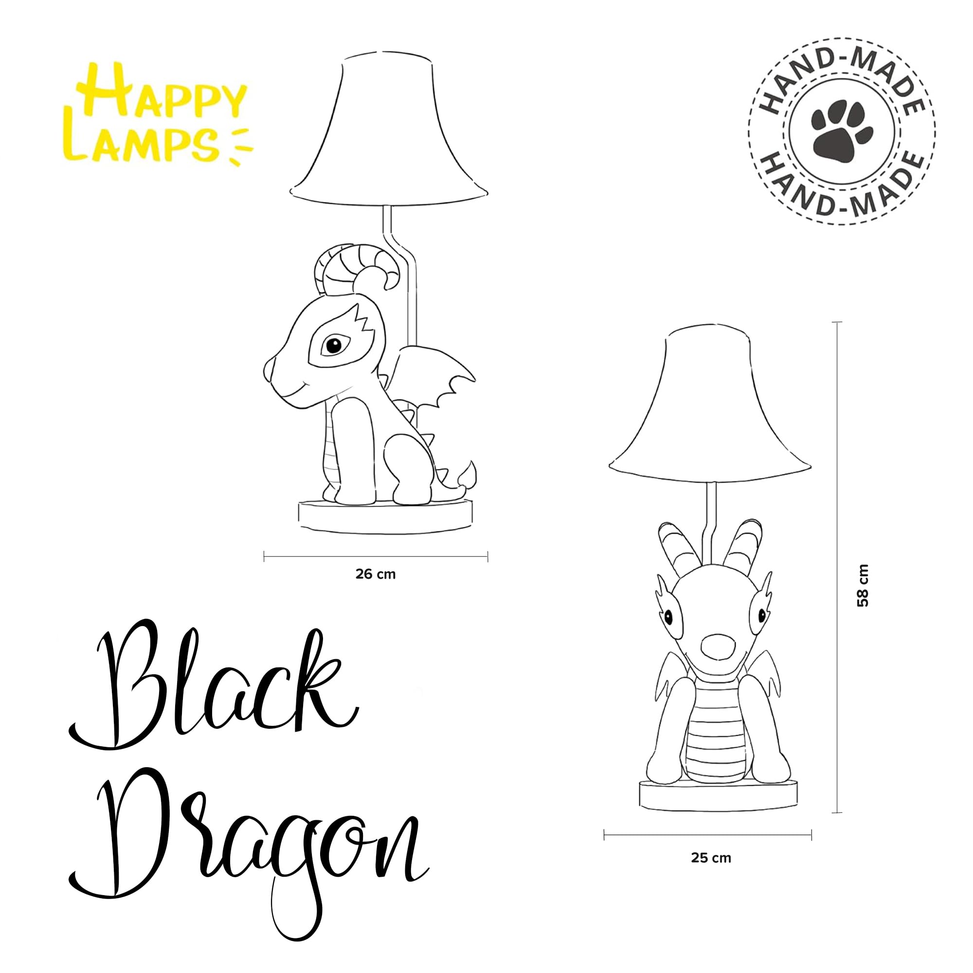 Happy Lamps Black Dragon LED-Tischlampe 58 cm, Kinderzimmer Deko | handgefertigt, kindersicher, ideal fürs Kinderzimmer, Geschenkidee