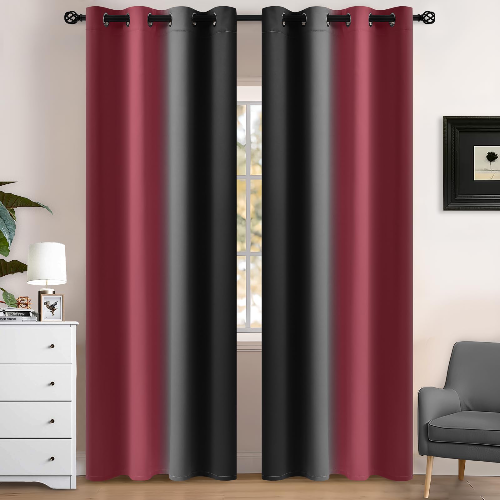 Yakamok Blackout Ombre Burgundy and Black Curtains for Bedroom, Gradient Room Darkening Curtains, Grommet Thermal Insulated Light Blocking Window Drapes/Curtain for Living Room,52 x 84 Inch,2 Panels — image 1