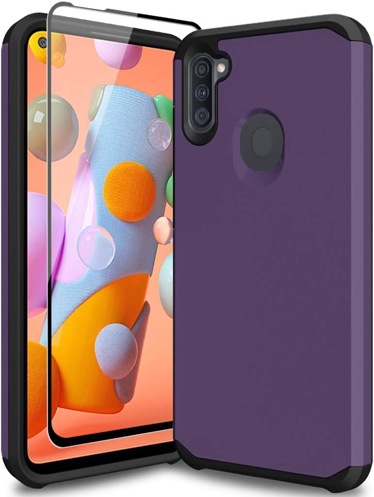 SunRemex Galaxy A11 Case with 9H Tempered Glass Screen Protector,Heavy Duty [Dual Layer] Hybrid Shock Proof Protective Rugged Bumper Cover Case for Samsung Galaxy A11 Phone (Purple)