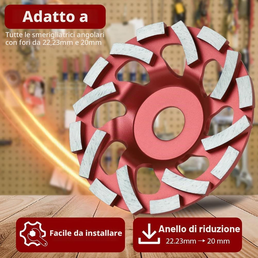 Mola a Tazza Diamantata Disco Diamantato 125 x 22,23 mm, Disco Abrasivo Diamantato per levigare Cemento Mattoni Muratura Granito Pietra Intonaco Gesso Qualità Industriale (Rosso)