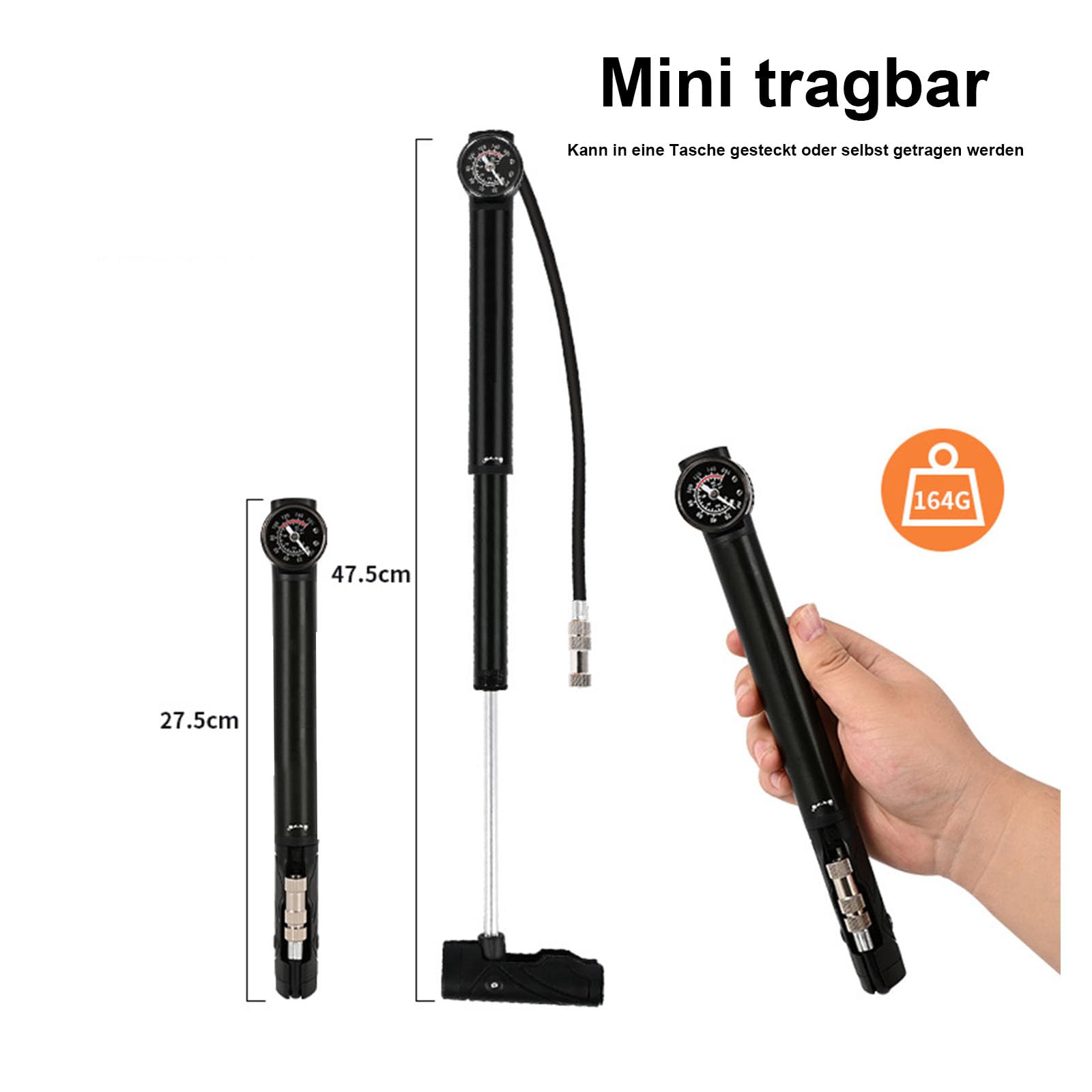 Pompa rowerowa z manometrem i przedłużonym wężem – wysokociśnieniowa mini pompka powietrza do wentyli Schrader/Presta – z igłą, adapterami i torbą do przenoszenia – kompatybilna z rowerami