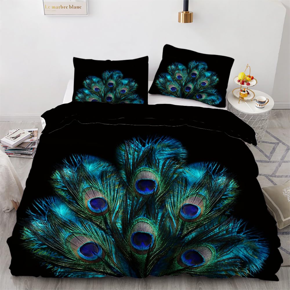 MARBRE 3D Peacock Double Duvet Cover Set 200x200cm 3 piece Soft Microfiber Reversible Bedding Set Feather Comforter Cover with Zipper Closure Quilt Cover with 2 Pillowcase 50x75cm（Image 3-3）