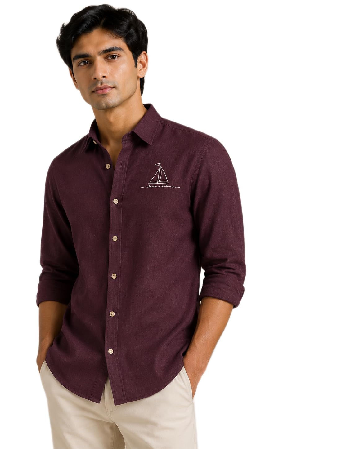Men's Cotton Linen Blend Casual Shirt | Regular Fit Full Sleeve Button-Down with Sailboat Embroidery | Breathable Smart Casual Shirt (_)-image-22