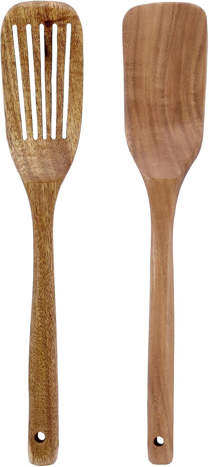 2Pcs Wooden Spatula Set for Cooking,Teak Wood Spatulas Kitchen Utensils Set with Long Handle,Non Toxic Wooden Cooking Utensils for Frying, Baking, Flipping, Turning